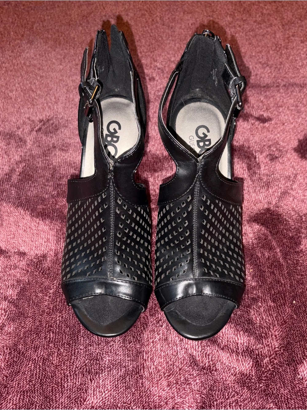 G by Guess Black Perforated Peep-Toe Ankle Strap Heels